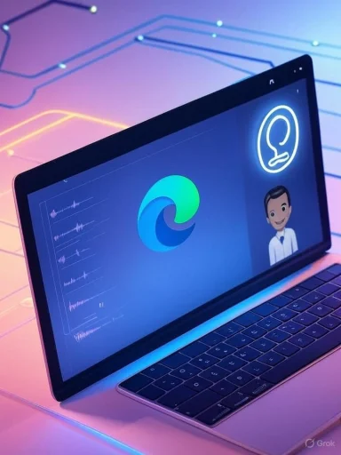 A laptop showing Microsoft Edge logo, speech waveform, and a virtual assistant icon on a colorful digital background.
