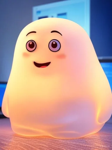 A cute, glowing cartoon ghost with big eyes and a friendly smile, sitting on a wooden surface in front of computer screens.