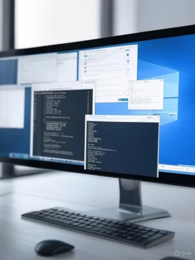 A computer monitor displays multiple windows with code and system information, set on a white desk with a keyboard and mouse.
