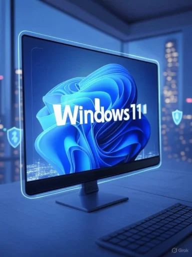 A computer monitor displays the Windows 11 logo in a high-tech, digital environment with shield icons indicating security.