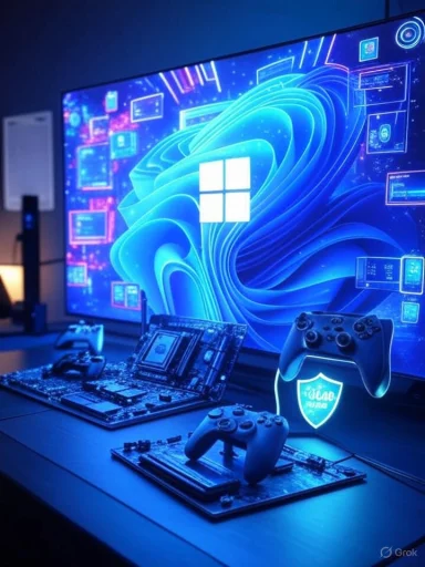 A gaming setup with controllers, circuit boards, and a large digital screen displaying the Windows logo.