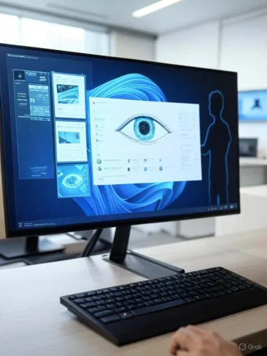 A computer monitor displays eye recognition software in a modern office setting.