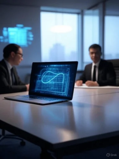 Business professionals discuss data analytics and digital graphs in a modern office setting.