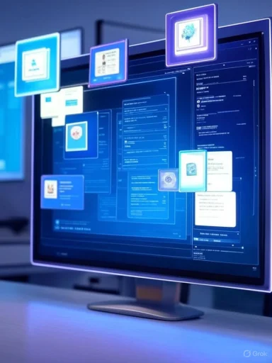 A digital interface with floating icons and information panels on a futuristic touchscreen monitor.