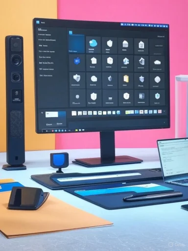 A modern office workspace features a large monitor, a laptop, and various tech accessories on a colorful desk.