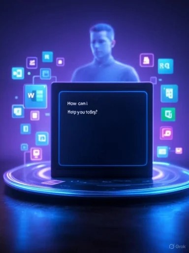 A futuristic digital assistant interface with a person and floating app icons surrounding a screen that says, 'How can I help you today?'
