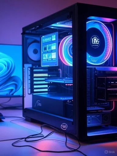 A sleek gaming PC with vibrant RGB lighting, housed in a glass case, connected to a monitor displaying abstract visuals.