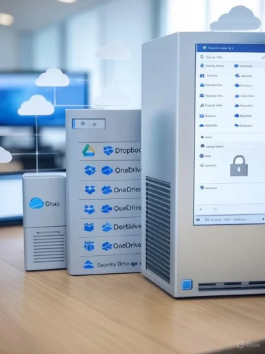 Cloud storage devices and icons, including Dropbox, OneDrive, and Google Drive, displayed on a computer screen and desk.