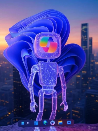 A glowing, transparent robot with a rainbow-colored face stands in front of a blue, swirling abstract background at sunset. A glowing, transparent robot with a rainbow-colored face stands in front of a blue, swirling abstract background at sunset.