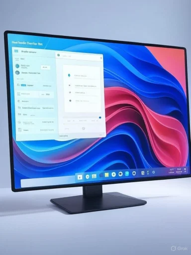 A sleek computer monitor displays a colorful abstract wallpaper with a task window open on a clean, minimalistic desk.
