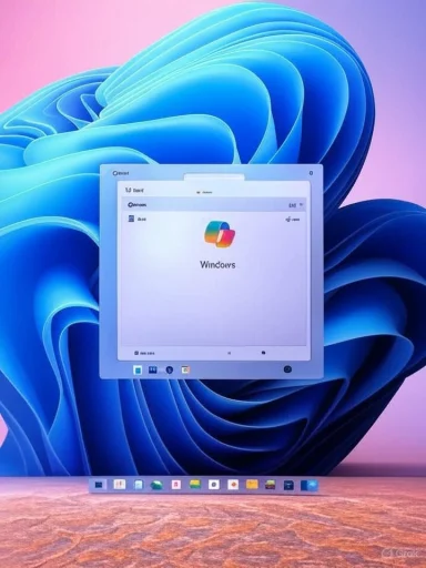 A Windows desktop with a floating app window overlay and a colorful abstract background.