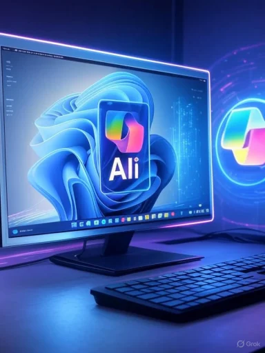 A computer monitor displays an Adobe Photoshop AI logo with neon lighting effects in a futuristic workspace.