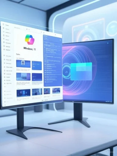 Two modern computer monitors display colorful, high-tech interfaces in a sleek, futuristic workspace.