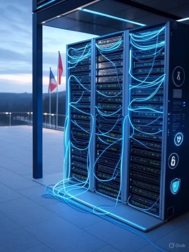 A futuristic server rack with glowing blue neon lights and electrical cables outdoors under a roof.