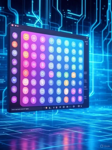 A digital interface displays colorful app icons against a futuristic blue circuit board background.