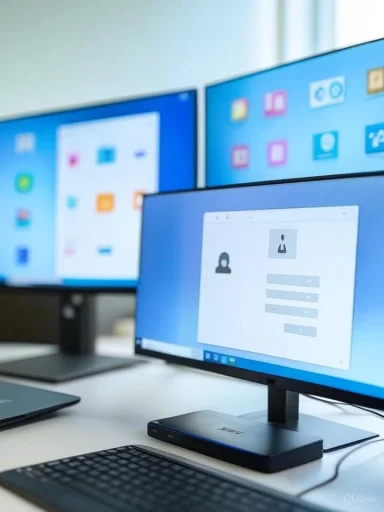Two computer monitors display colorful app icons and a login screen in a modern workspace setup.