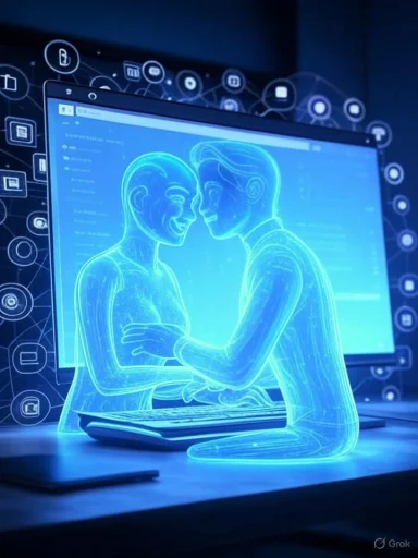 A digital hologram of a smiling couple touching foreheads is displayed in front of a computer screen.