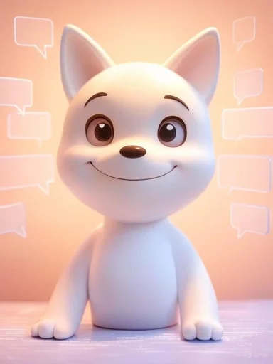 A cute, animated fox character with big eyes and a friendly smile, set against a pink background with speech bubbles.