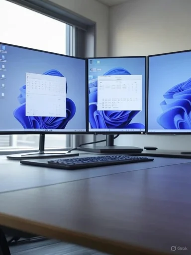 A triple-monitor setup on a desk with a keyboard, in a bright office near a window.