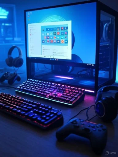 A gaming setup featuring a dual-monitor, RGB keyboard, game controllers, and headphones in a blue-lit environment.