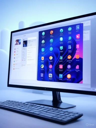 A computer monitor displays a colorful app interface on a modern desk setup with a keyboard.