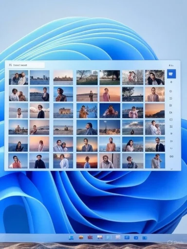 A computer screen displays a photo management application with a grid of various portrait and landscape images. A computer screen displays a photo management application with a grid of various portrait and landscape images.