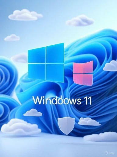 The image shows the Windows 11 logo with a cloud-themed background and a security shield icon. The image shows the Windows 11 logo with a cloud-themed background and a security shield icon.