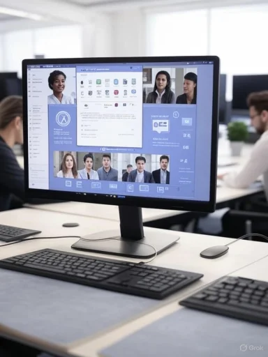 A computer monitor displays a photo ID editing software with portraits of diverse professionals in a modern office. A computer monitor displays a photo ID editing software with portraits of diverse professionals in a modern office.