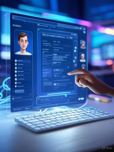 A person interacts with a holographic user profile displayed on a transparent, futuristic computer screen.