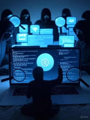 Hackers in hoodies analyzing code and digital threats on computer screens in a dark room.