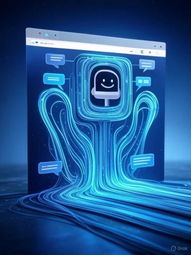 A digital illustration of a friendly chatbot emerging from a computer screen with flowing blue lines and chat bubbles.