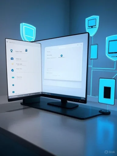 A dual-monitor setup on a desk with digital security icons in the background, emphasizing cybersecurity theme.