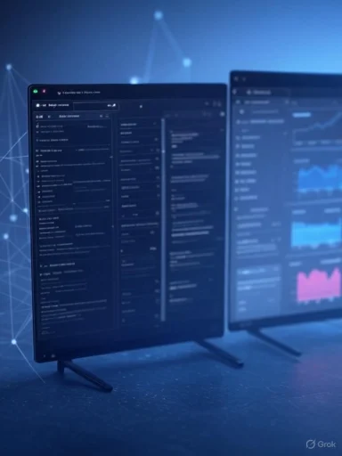 Dual monitors display financial data and charts against a digital, tech-inspired background.