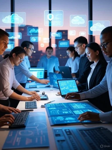 A team of professionals working on futuristic digital screens in a high-tech office with cloud computing icons displayed.