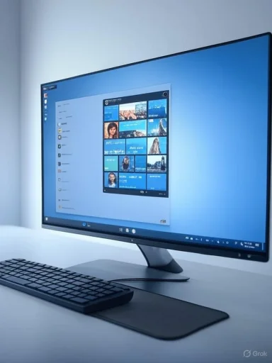 A sleek computer monitor displays a photo-sharing application on a tidy desk with a keyboard and mouse.
