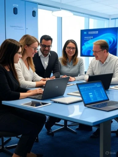 A diverse group of five professionals collaborates around a table with laptops in a modern office.