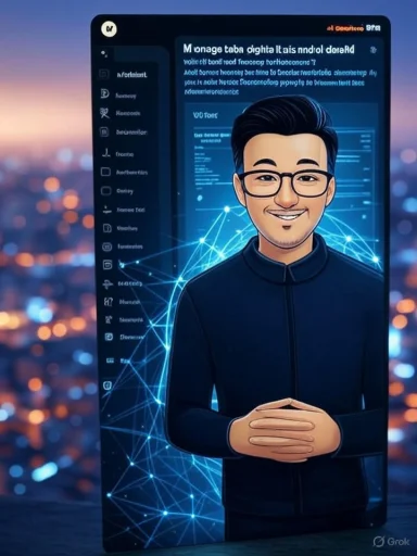 A digital avatar of a smiling man with glasses, set against a futuristic tech background with city lights blurred in the distance.