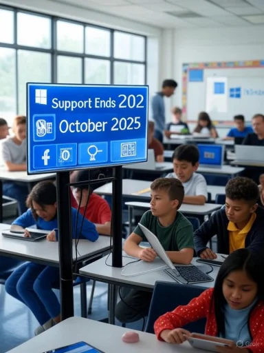 Classroom scene with students using tablets, with a screen indicating support ending in October 2025.