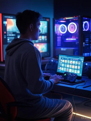 A person uses a tablet and gaming console in front of multiple monitors in a dark, colorful gaming or creative workspace.