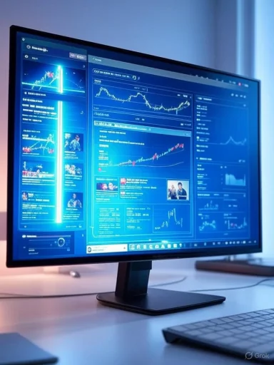 A computer monitor displays various stock market graphs and financial data in a modern office setting.
