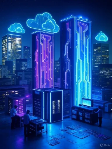 Futuristic cityscape with neon-lit servers and cloud icons, depicting cloud computing and data infrastructure at night.