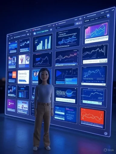 A woman stands in front of a large, illuminated digital display showing various graphs and data visualizations.