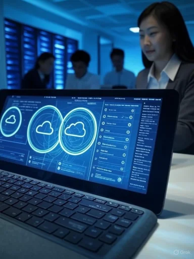 A woman analyzes data on a tablet with cloud graphics, while colleagues work in the background on a blue-lit tech environment.