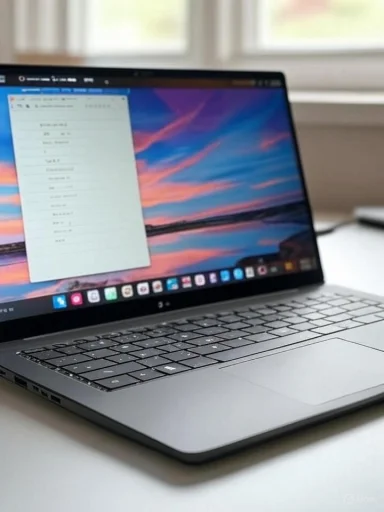 A laptop displaying a document on a colorful sky sunset wallpaper, placed on a white desk near a window. A laptop displaying a document on a colorful sky sunset wallpaper, placed on a white desk near a window.