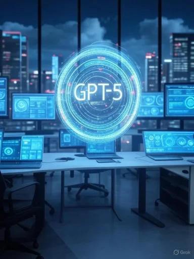 A high-tech command room displaying digital screens and a holographic symbol labeled 'GPT-5.' A high-tech command room displaying digital screens and a holographic symbol labeled 'GPT-5.'