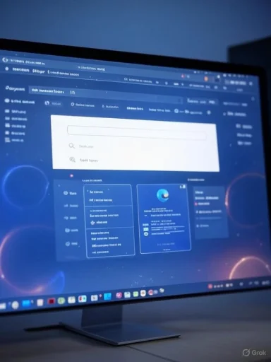 A computer monitor displays a dark-themed data analytics or dashboard interface with charts and graphs.