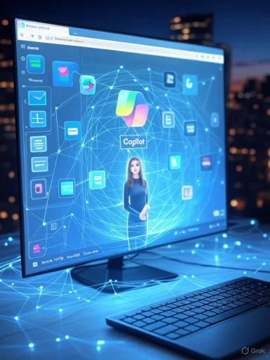 A woman appears on a digital interface with interconnected app icons and data nodes, symbolizing AI and technology networking.