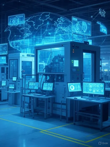 A high-tech control room with multiple monitors, surrounded by futuristic holographic earth and data displays.