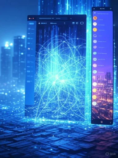 Digital cityscape with holographic screens displaying data and connections in a futuristic environment.