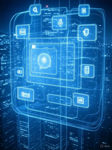 A digital blueprint of a smartphone interface with various app icons glowing against a cityscape background.